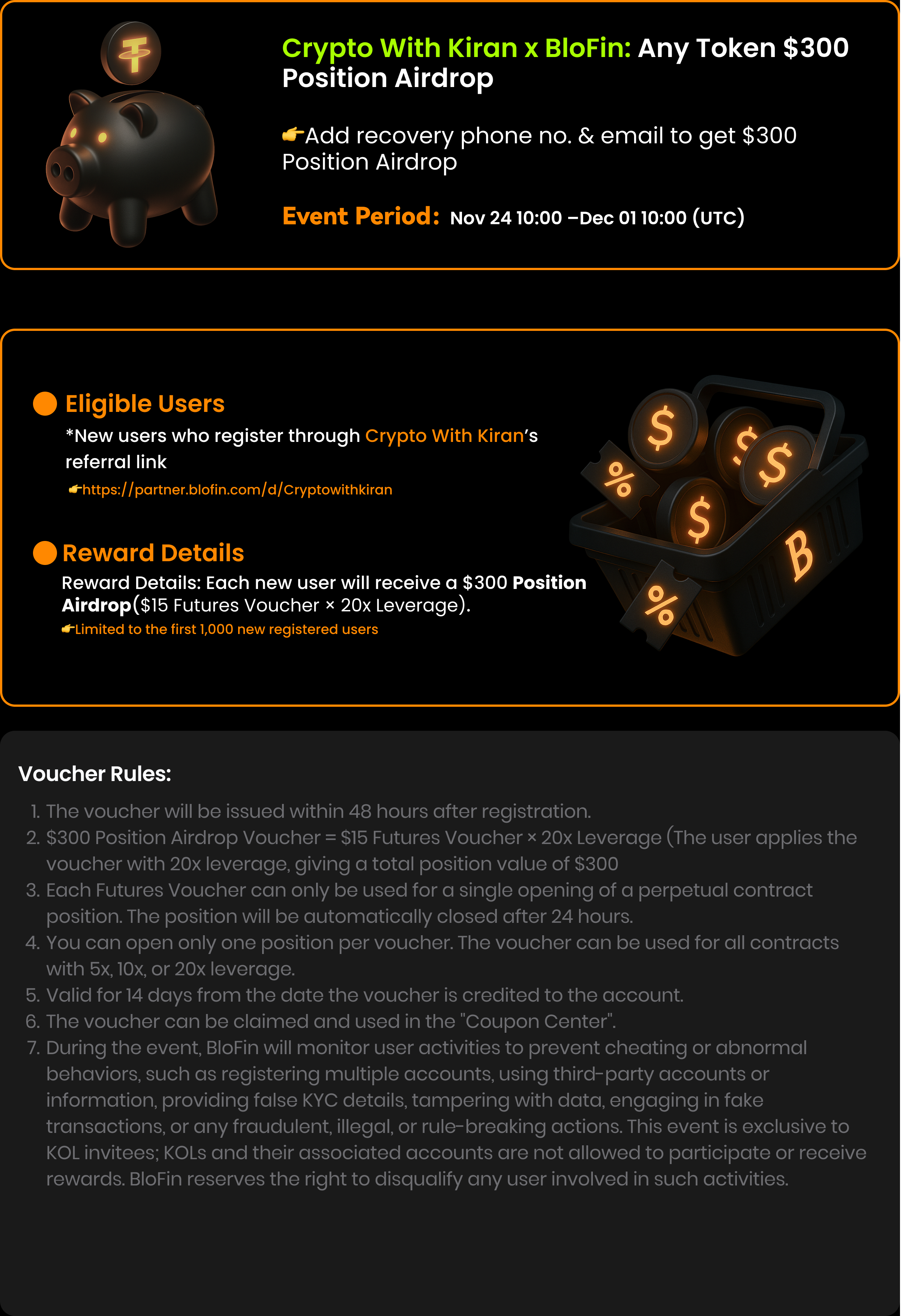 Crypto With Kiran x BloFin: FREE $300 Futures Position Airdrop for New  Users!